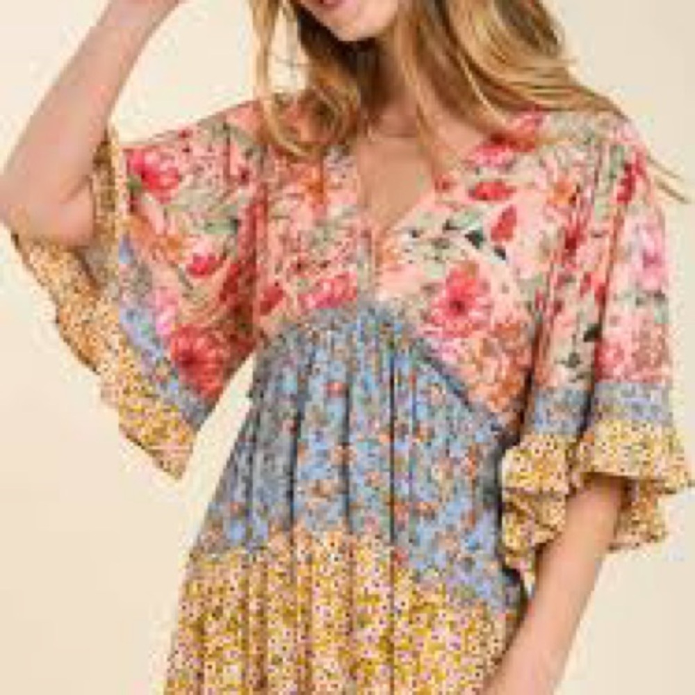 Umgee NWOT Bohemian Tiered Pastel Floral Midi Dress 👗 with Empire Waist - Picture 2 of 10
